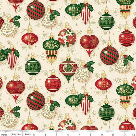 Image of Poinsettias at Christmas Ornaments Cream Foil quilting cotton fabric by Jennifer Bosworth for Riley Blake Designs. Features ornaments on a cream background. Cute Little Fabric Shop.