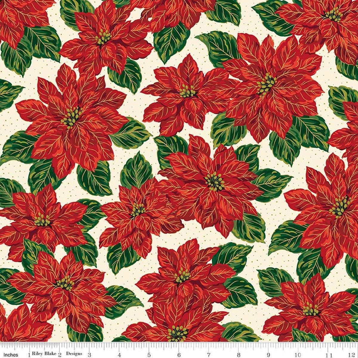 Image of Poinsettias at Christmas Main Cream Foil quilting cotton fabric by Jennifer Bosworth for Riley Blake Designs. Features flowers on a cream background. Cute Little Fabric Shop.
