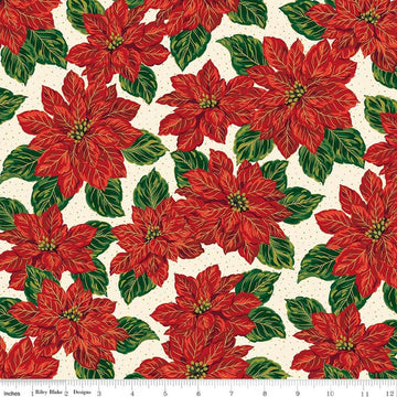 Image of Poinsettias at Christmas Main Cream Foil quilting cotton fabric by Jennifer Bosworth for Riley Blake Designs. Features flowers on a cream background. Cute Little Fabric Shop.