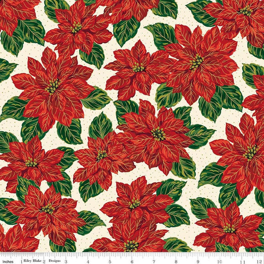 Image of Poinsettias at Christmas Main Cream Foil quilting cotton fabric by Jennifer Bosworth for Riley Blake Designs. Features flowers on a cream background. Cute Little Fabric Shop.