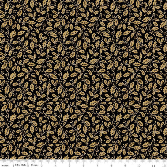 Image of Poinsettias at Christmas Holly Black Foil quilting cotton fabric by Jennifer Bosworth for Riley Blake Designs. Features leaves on a black background. Cute Little Fabric Shop.
