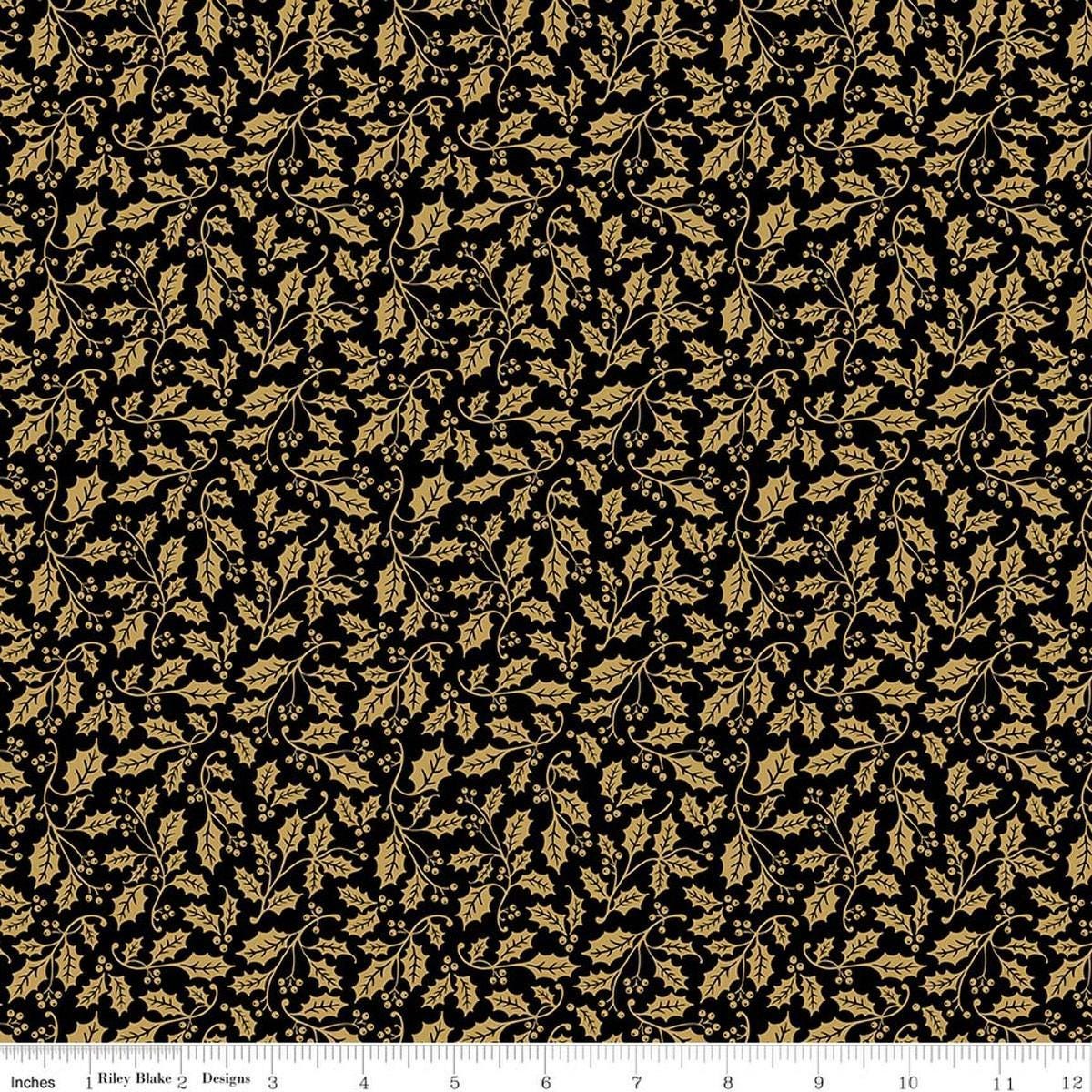 Image of Poinsettias at Christmas Holly Black Foil quilting cotton fabric by Jennifer Bosworth for Riley Blake Designs. Features leaves on a black background. Cute Little Fabric Shop.