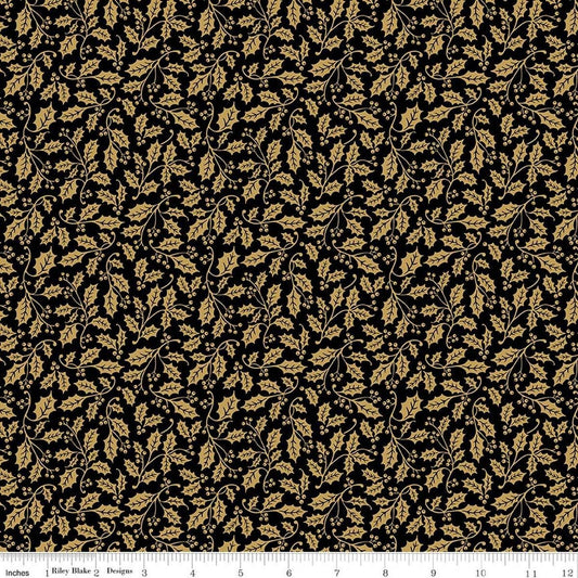 Image of Poinsettias at Christmas Holly Black Foil quilting cotton fabric by Jennifer Bosworth for Riley Blake Designs. Features leaves on a black background. Cute Little Fabric Shop.