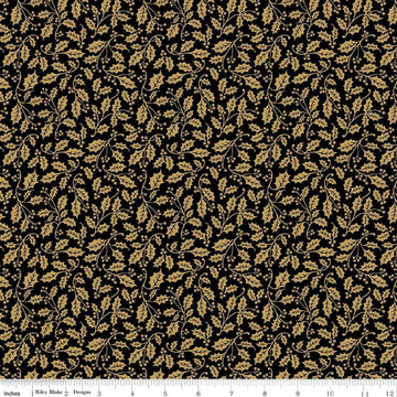 Image of Poinsettias at Christmas Holly Black Foil quilting cotton fabric by Jennifer Bosworth for Riley Blake Designs. Features leaves on a black background. Cute Little Fabric Shop.