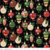Image of Poinsettias at Christmas Ornaments Black Foil quilting cotton fabric by Jennifer Bosworth for Riley Blake Designs. Features ornaments on a black background. Cute Little Fabric Shop.