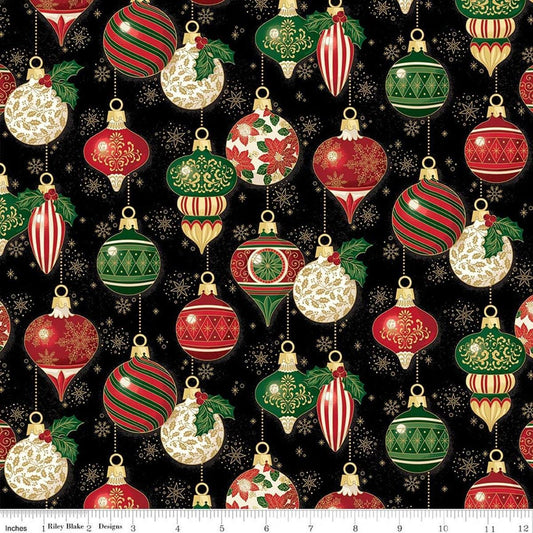 Image of Poinsettias at Christmas Ornaments Black Foil quilting cotton fabric by Jennifer Bosworth for Riley Blake Designs. Features ornaments on a black background. Cute Little Fabric Shop.