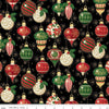 Image of Poinsettias at Christmas Ornaments Black Foil quilting cotton fabric by Jennifer Bosworth for Riley Blake Designs. Features ornaments on a black background. Cute Little Fabric Shop.