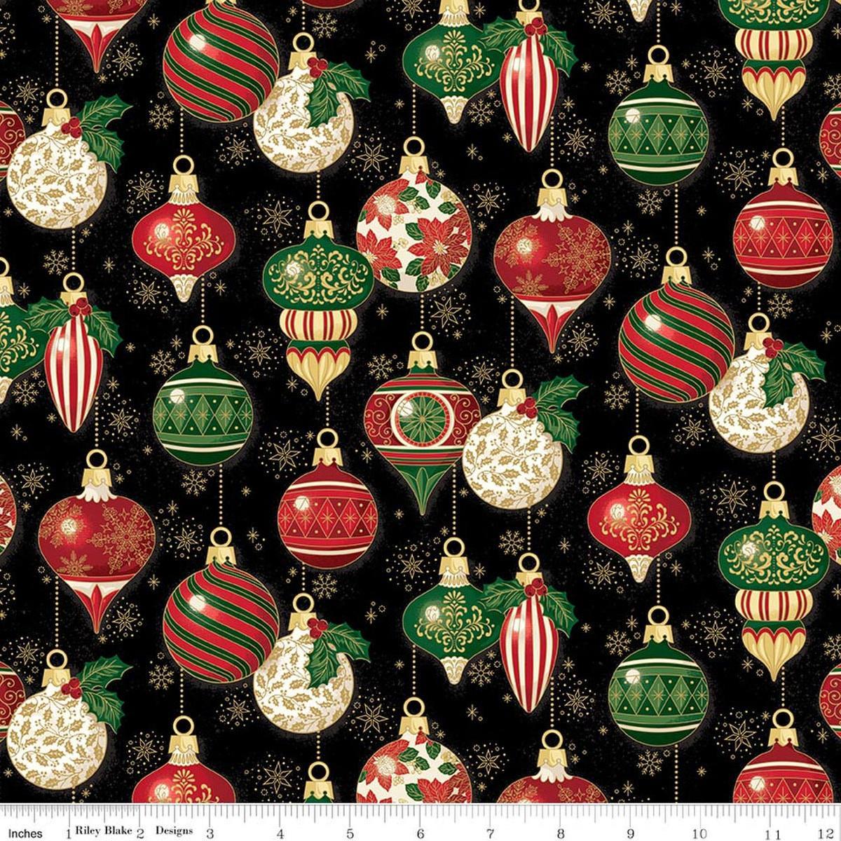 Image of Poinsettias at Christmas Ornaments Black Foil quilting cotton fabric by Jennifer Bosworth for Riley Blake Designs. Features ornaments on a black background. Cute Little Fabric Shop.