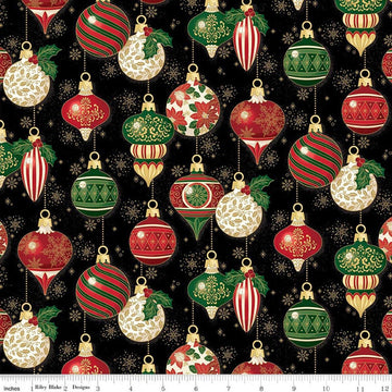 Image of Poinsettias at Christmas Ornaments Black Foil quilting cotton fabric by Jennifer Bosworth for Riley Blake Designs. Features ornaments on a black background. Cute Little Fabric Shop.