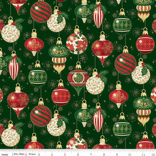 Image of Poinsettias at Christmas Ornaments Green Foil quilting cotton fabric by Jennifer Bosworth for Riley Blake Designs. Features ornaments on a green background. Cute Little Fabric Shop.