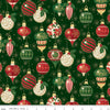 Image of Poinsettias at Christmas Ornaments Green Foil quilting cotton fabric by Jennifer Bosworth for Riley Blake Designs. Features ornaments on a green background. Cute Little Fabric Shop.