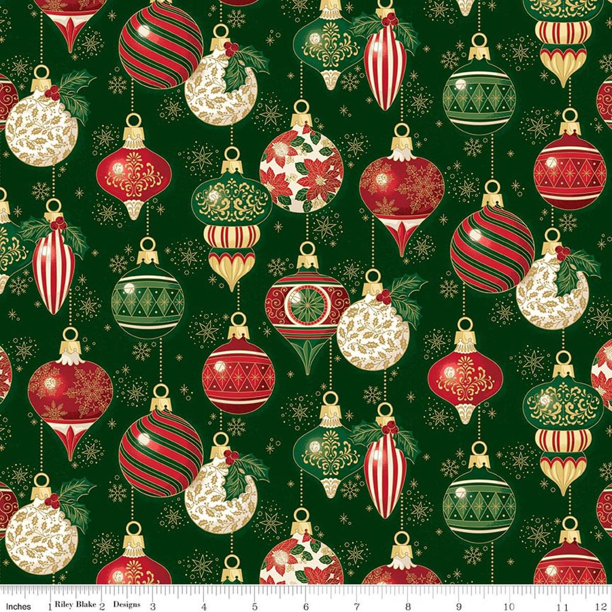 Image of Poinsettias at Christmas Ornaments Green Foil quilting cotton fabric by Jennifer Bosworth for Riley Blake Designs. Features ornaments on a green background. Cute Little Fabric Shop.