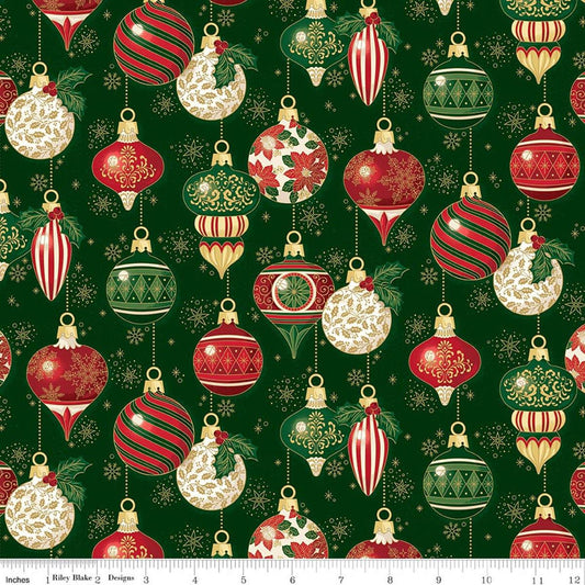 Image of Poinsettias at Christmas Ornaments Green Foil quilting cotton fabric by Jennifer Bosworth for Riley Blake Designs. Features ornaments on a green background. Cute Little Fabric Shop.