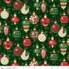 Image of Poinsettias at Christmas Ornaments Green Foil quilting cotton fabric by Jennifer Bosworth for Riley Blake Designs. Features ornaments on a green background. Cute Little Fabric Shop.