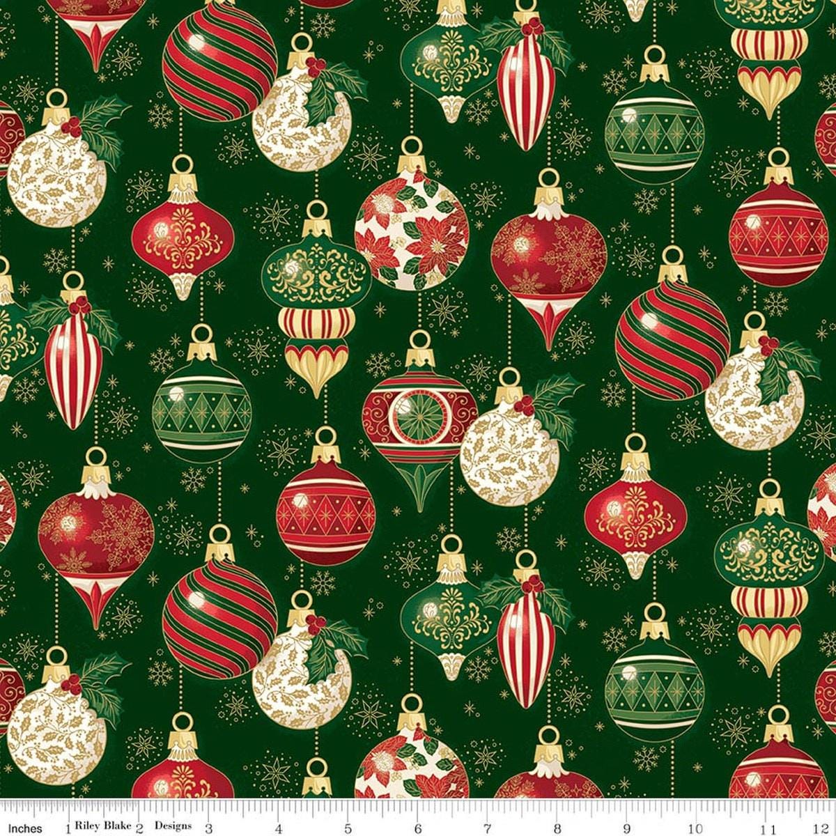 Image of Poinsettias at Christmas Ornaments Green Foil quilting cotton fabric by Jennifer Bosworth for Riley Blake Designs. Features ornaments on a green background. Cute Little Fabric Shop.