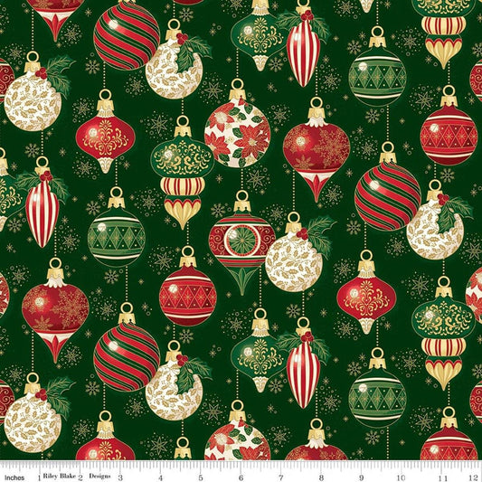 Image of Poinsettias at Christmas Ornaments Green Foil quilting cotton fabric by Jennifer Bosworth for Riley Blake Designs. Features ornaments on a green background. Cute Little Fabric Shop.