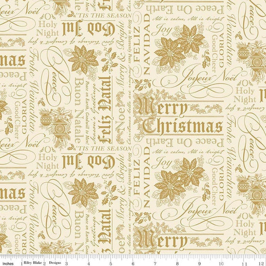 Image of Poinsettias at Christmas Text Cream Foil quilting cotton fabric by Jennifer Bosworth for Riley Blake Designs. Features words on a cream background. Cute Little Fabric Shop.