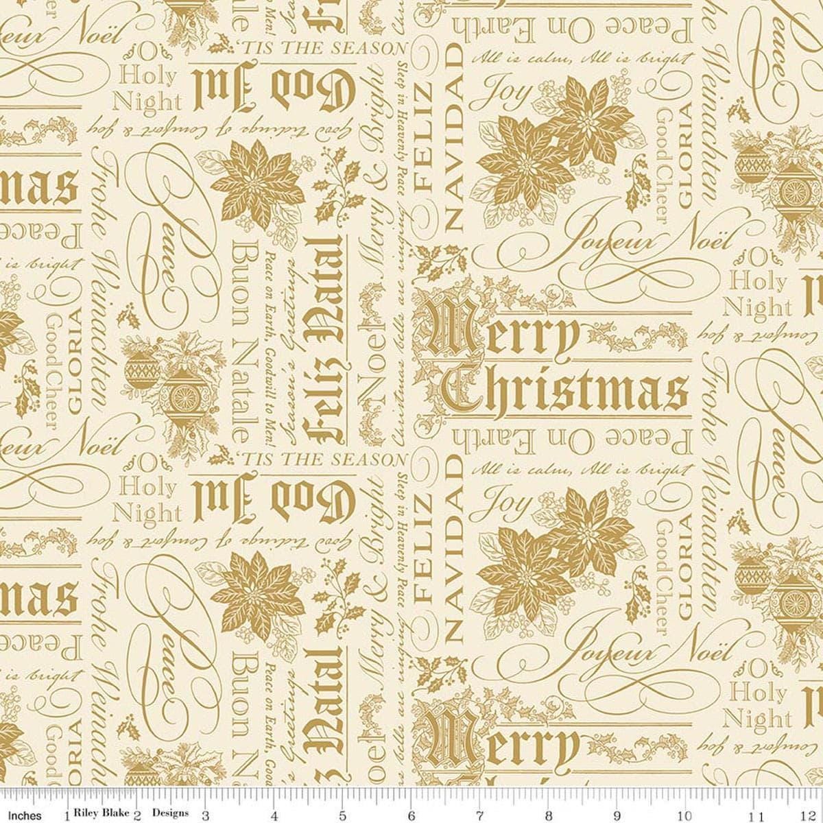 Image of Poinsettias at Christmas Text Cream Foil quilting cotton fabric by Jennifer Bosworth for Riley Blake Designs. Features words on a cream background. Cute Little Fabric Shop.