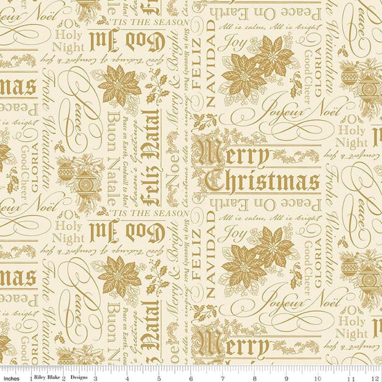 Image of Poinsettias at Christmas Text Cream Foil quilting cotton fabric by Jennifer Bosworth for Riley Blake Designs. Features words on a cream background. Cute Little Fabric Shop.