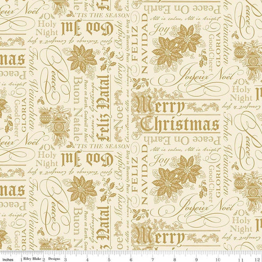 Image of Poinsettias at Christmas Text Cream Foil quilting cotton fabric by Jennifer Bosworth for Riley Blake Designs. Features words on a cream background. Cute Little Fabric Shop.