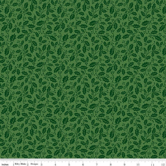 Image of Poinsettias at Christmas Holly Green quilting cotton fabric by Jennifer Bosworth for Riley Blake Designs. Features leaves on a green background. Cute Little Fabric Shop.