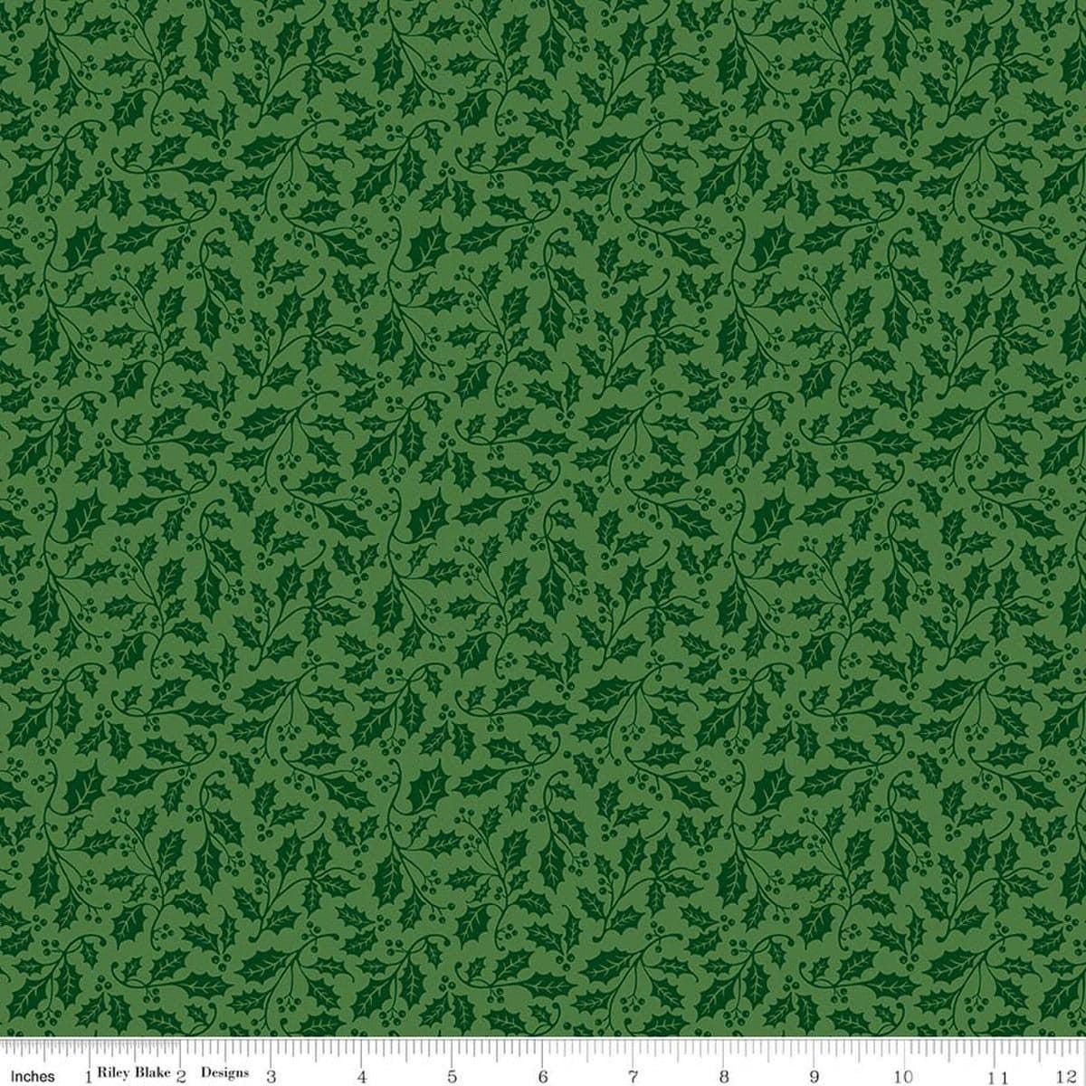 Image of Poinsettias at Christmas Holly Green quilting cotton fabric by Jennifer Bosworth for Riley Blake Designs. Features leaves on a green background. Cute Little Fabric Shop.