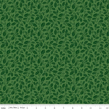 Image of Poinsettias at Christmas Holly Green quilting cotton fabric by Jennifer Bosworth for Riley Blake Designs. Features leaves on a green background. Cute Little Fabric Shop.