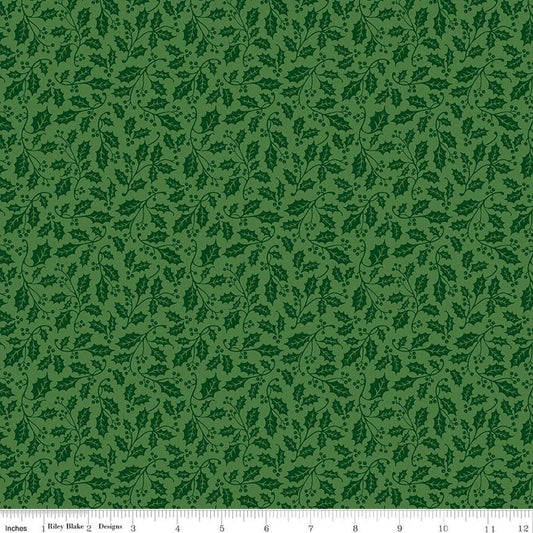 Image of Poinsettias at Christmas Holly Green quilting cotton fabric by Jennifer Bosworth for Riley Blake Designs. Features leaves on a green background. Cute Little Fabric Shop.