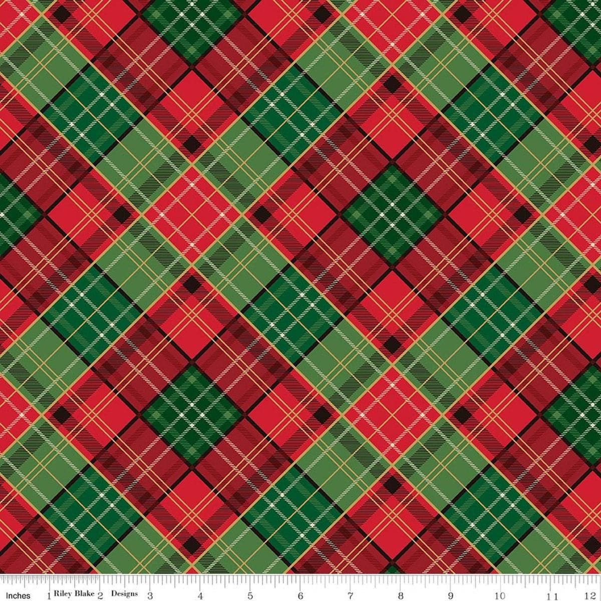 Image of Poinsettias at Christmas Plaid Multi Foil quilting cotton fabric by Jennifer Bosworth for Riley Blake Designs. Features plaid on a green and red background. Cute Little Fabric Shop.