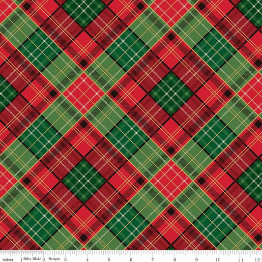 Image of Poinsettias at Christmas Plaid Multi Foil quilting cotton fabric by Jennifer Bosworth for Riley Blake Designs. Features plaid on a green and red background. Cute Little Fabric Shop.