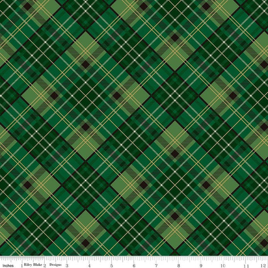 Image of Poinsettias at Christmas Plaid Green Foil quilting cotton fabric by Jennifer Bosworth for Riley Blake Designs. Features plaid on a green background. Cute Little Fabric Shop.