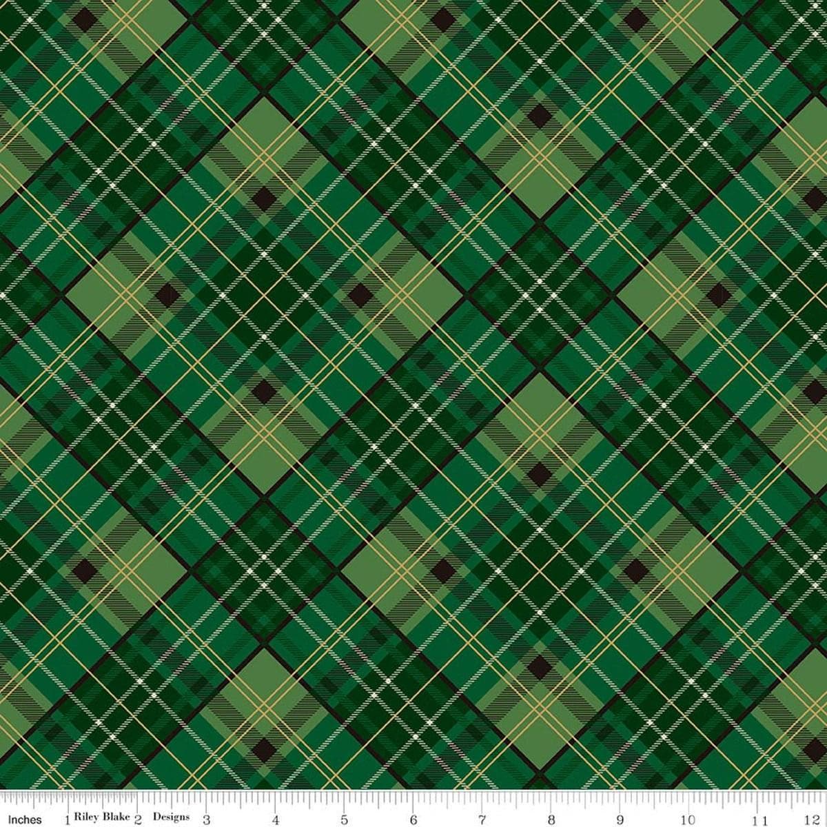 Image of Poinsettias at Christmas Plaid Green Foil quilting cotton fabric by Jennifer Bosworth for Riley Blake Designs. Features plaid on a green background. Cute Little Fabric Shop.