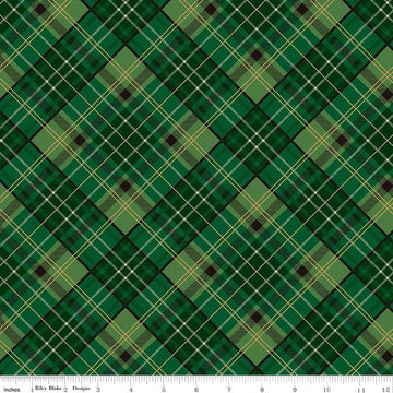 Image of Poinsettias at Christmas Plaid Green Foil quilting cotton fabric by Jennifer Bosworth for Riley Blake Designs. Features plaid on a green background. Cute Little Fabric Shop.