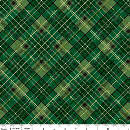 Image of Poinsettias at Christmas Plaid Green Foil quilting cotton fabric by Jennifer Bosworth for Riley Blake Designs. Features plaid on a green background. Cute Little Fabric Shop.