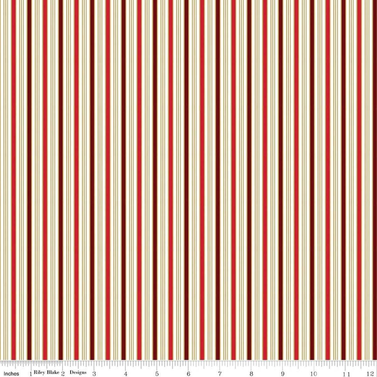 Image of Poinsettias at Christmas Stripe Red quilting cotton fabric by Jennifer Bosworth for Riley Blake Designs. Features stripes on a red background. Cute Little Fabric Shop.
