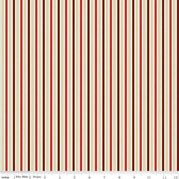 Image of Poinsettias at Christmas Stripe Red quilting cotton fabric by Jennifer Bosworth for Riley Blake Designs. Features stripes on a red background. Cute Little Fabric Shop.