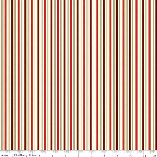 Image of Poinsettias at Christmas Stripe Red quilting cotton fabric by Jennifer Bosworth for Riley Blake Designs. Features stripes on a red background. Cute Little Fabric Shop.