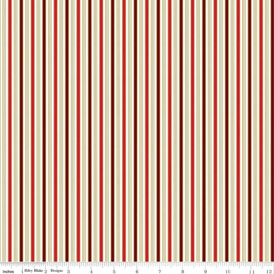 Image of Poinsettias at Christmas Stripe Red quilting cotton fabric by Jennifer Bosworth for Riley Blake Designs. Features stripes on a red background. Cute Little Fabric Shop.