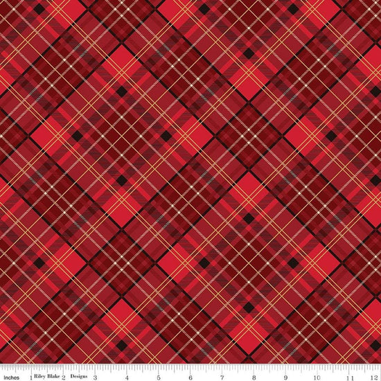 Image of Poinsettias at Christmas Plaid Red Foil quilting cotton fabric by Jennifer Bosworth for Riley Blake Designs. Features plaid on a red background. Cute Little Fabric Shop.