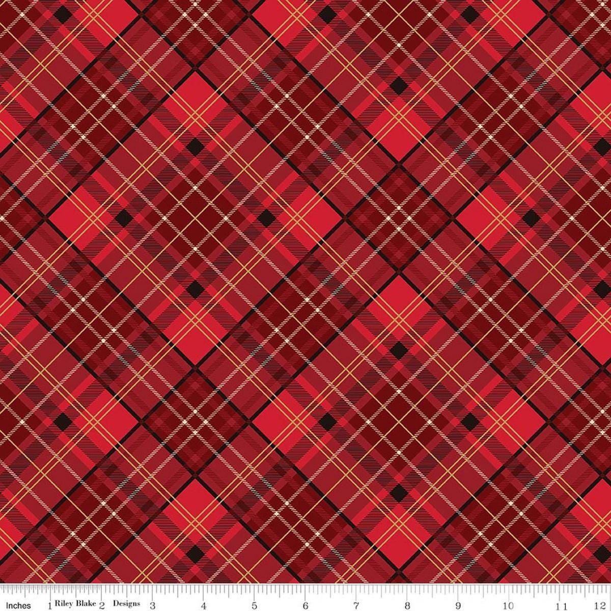 Image of Poinsettias at Christmas Plaid Red Foil quilting cotton fabric by Jennifer Bosworth for Riley Blake Designs. Features plaid on a red background. Cute Little Fabric Shop.