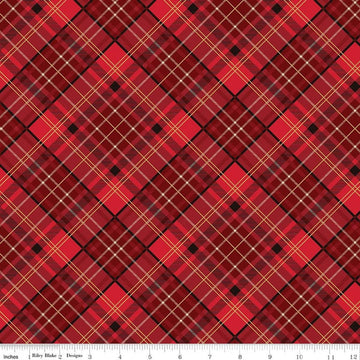 Image of Poinsettias at Christmas Plaid Red Foil quilting cotton fabric by Jennifer Bosworth for Riley Blake Designs. Features plaid on a red background. Cute Little Fabric Shop.