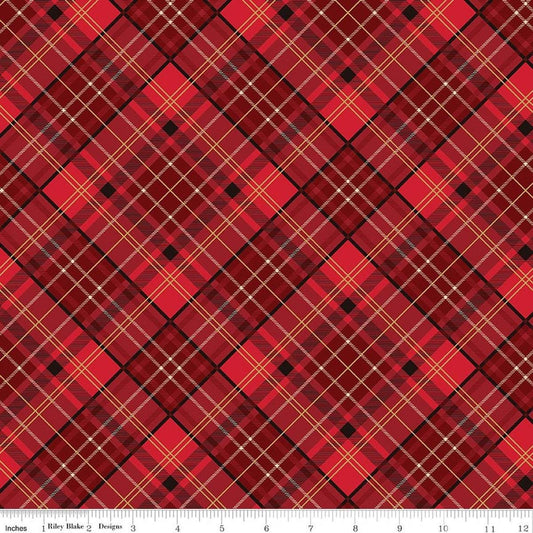 Image of Poinsettias at Christmas Plaid Red Foil quilting cotton fabric by Jennifer Bosworth for Riley Blake Designs. Features plaid on a red background. Cute Little Fabric Shop.