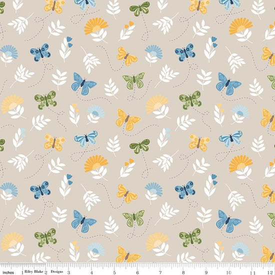 Image of Sunshine & Dandelions Butterflies Sand quilting cotton fabric by Traci Reed for Riley Blake Designs. Features butterflies on a gray background. Cute Little Fabric Shop.