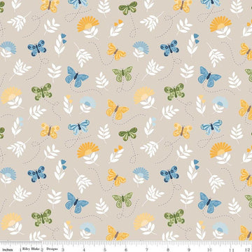 Image of Sunshine & Dandelions Butterflies Sand quilting cotton fabric by Traci Reed for Riley Blake Designs. Features butterflies on a gray background. Cute Little Fabric Shop.