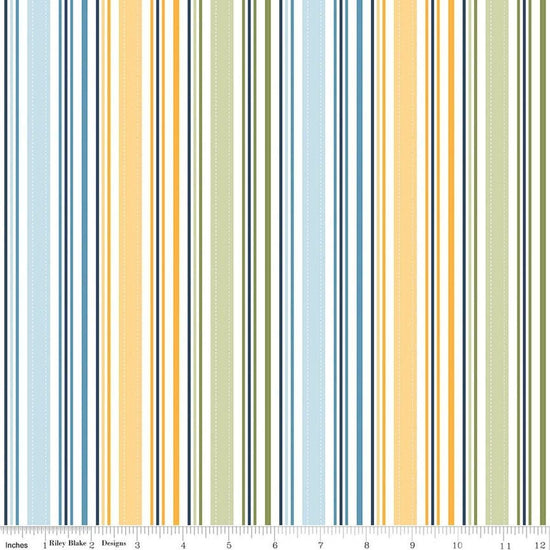 Image of Sunshine & Dandelions Stripes Multi quilting cotton fabric by Traci Reed for Riley Blake Designs. Features stripes on a blue, yellow, and green background. Cute Little Fabric Shop.