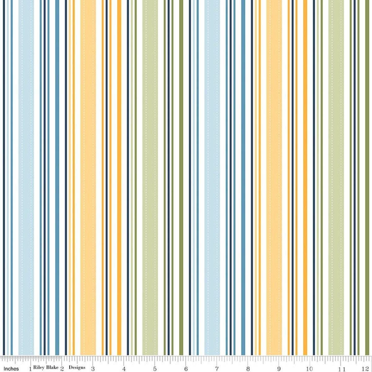 Image of Sunshine & Dandelions Stripes Multi quilting cotton fabric by Traci Reed for Riley Blake Designs. Features stripes on a blue, yellow, and green background. Cute Little Fabric Shop.