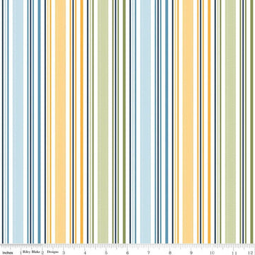 Image of Sunshine & Dandelions Stripes Multi quilting cotton fabric by Traci Reed for Riley Blake Designs. Features stripes on a blue, yellow, and green background. Cute Little Fabric Shop.