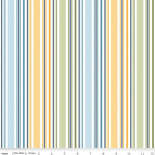 Image of Sunshine & Dandelions Stripes Multi quilting cotton fabric by Traci Reed for Riley Blake Designs. Features stripes on a blue, yellow, and green background. Cute Little Fabric Shop.