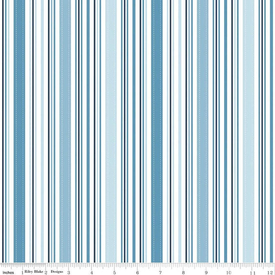Image of Sunshine & Dandelions Stripes Blue quilting cotton fabric by Traci Reed for Riley Blake Designs. Features stripes on a blue background. Cute Little Fabric Shop.
