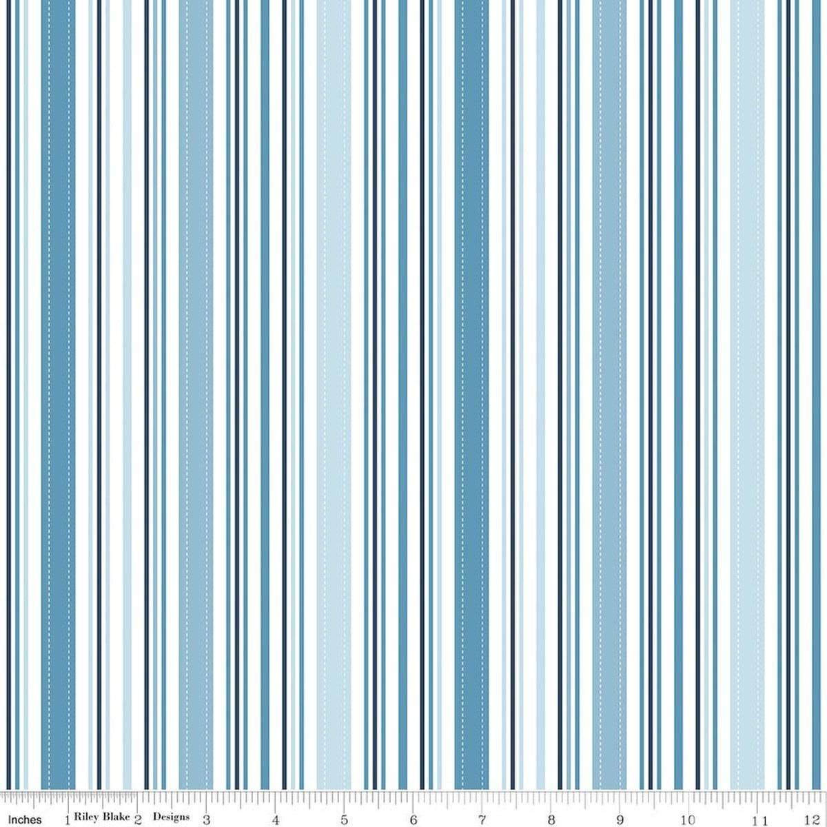 Image of Sunshine & Dandelions Stripes Blue quilting cotton fabric by Traci Reed for Riley Blake Designs. Features stripes on a blue background. Cute Little Fabric Shop.